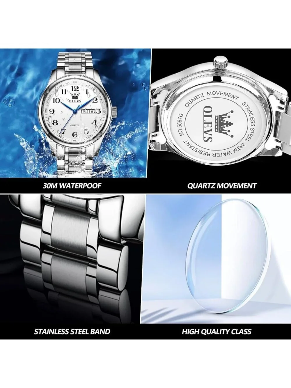Men's All Silver Stainless Steel Analog Quartz Classic Waterproof Luxury Watch